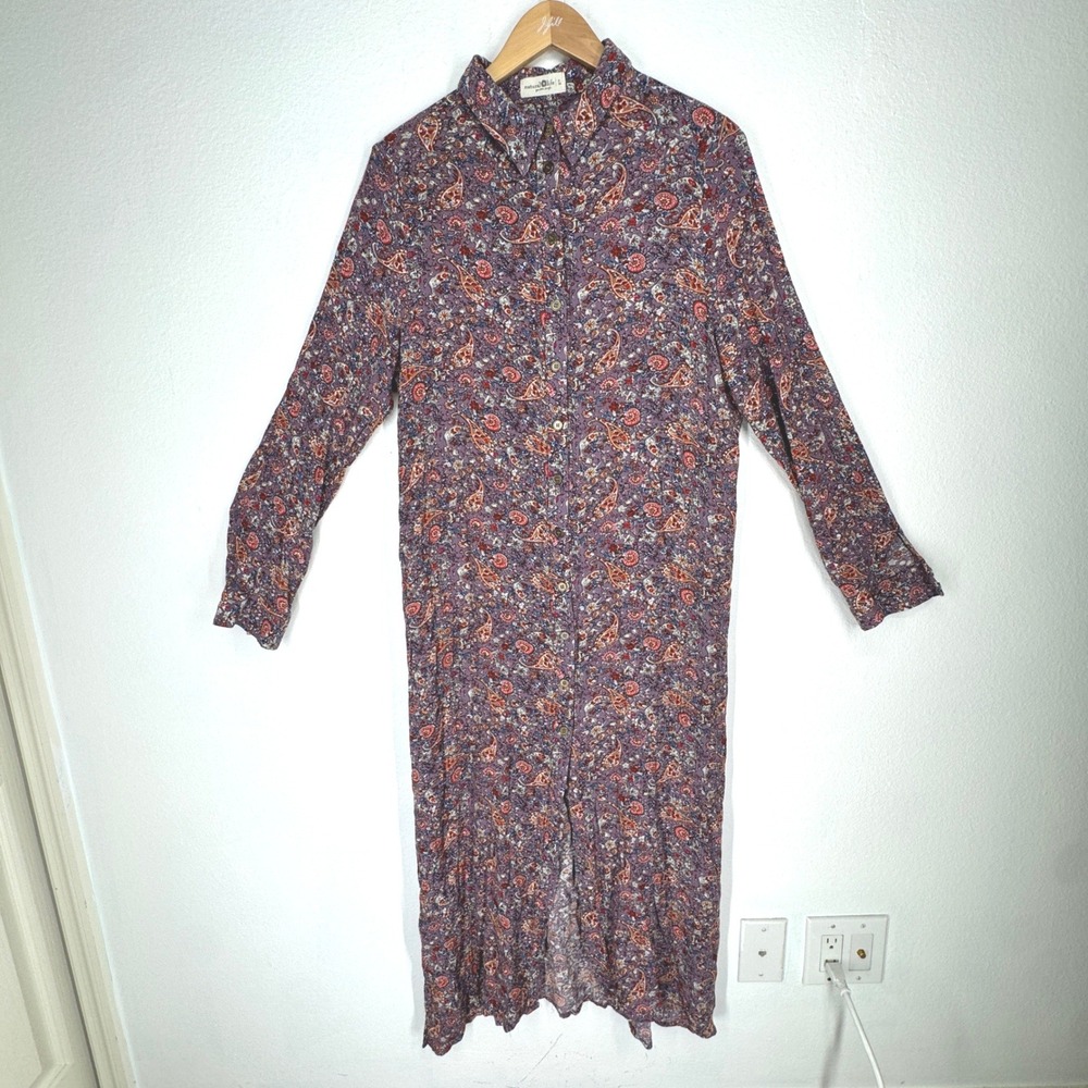 Natural Life Boho Paisley Floral Button Maxi Shirt Dress Large Purple Cottage